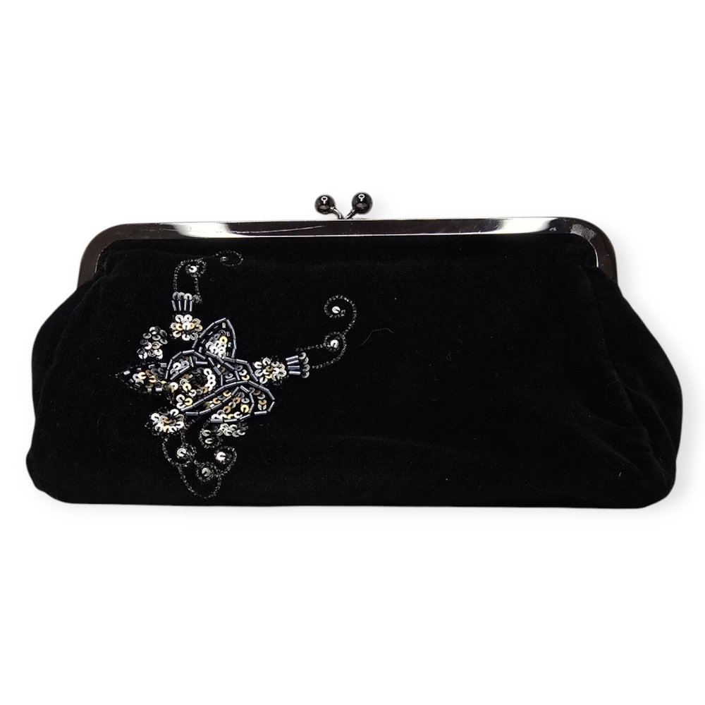 EXPRESS Vintage Black Velvet Sequin Clutch Bag Kiss Lock Purse Women’s Evening‎